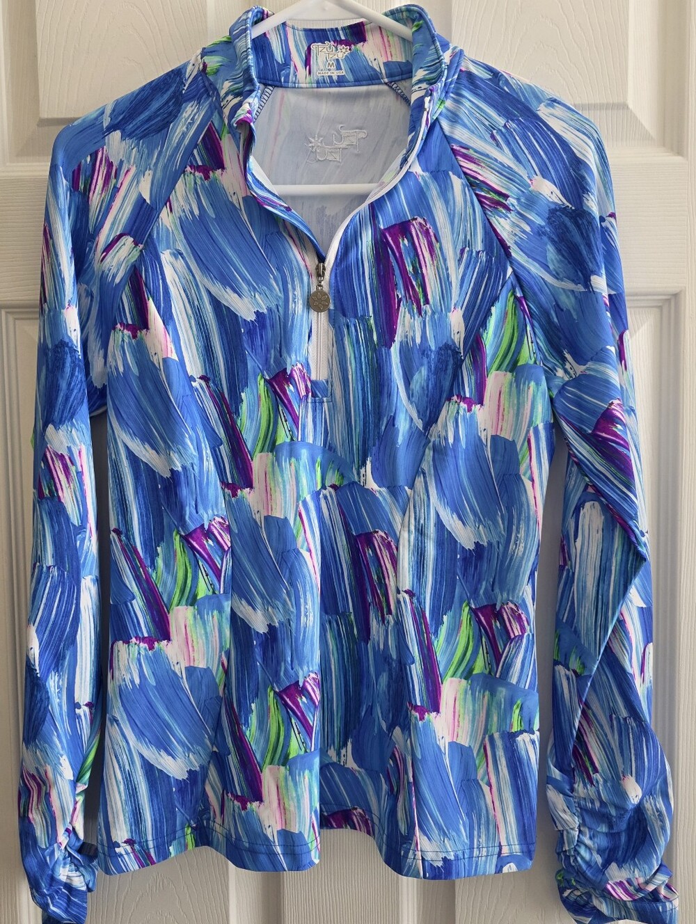 Tzu Tzu Medium Blue Pink Polo 1/4 Zip Long Sleeve